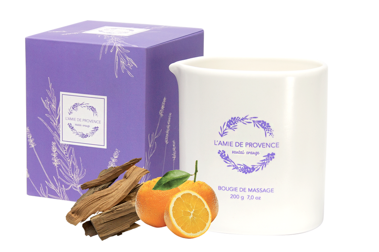 L’Amie de Provence naturalna świeca do masażu o zapachu drzewa sandałowego i pomarańczy (santal orange).