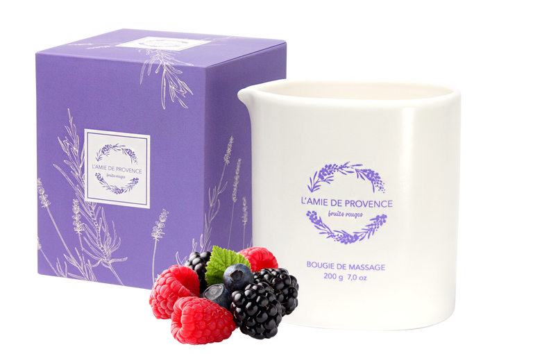 L’Amie de Provence naturalna świeca do masażu o kwiatowym zapachu owoców leśnych (fruits rouges). 