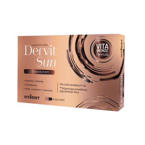Dervit SUN suplement diety przyśpieszający i utrwalający opaleniznę chroniąc skórę  promieniami UV.